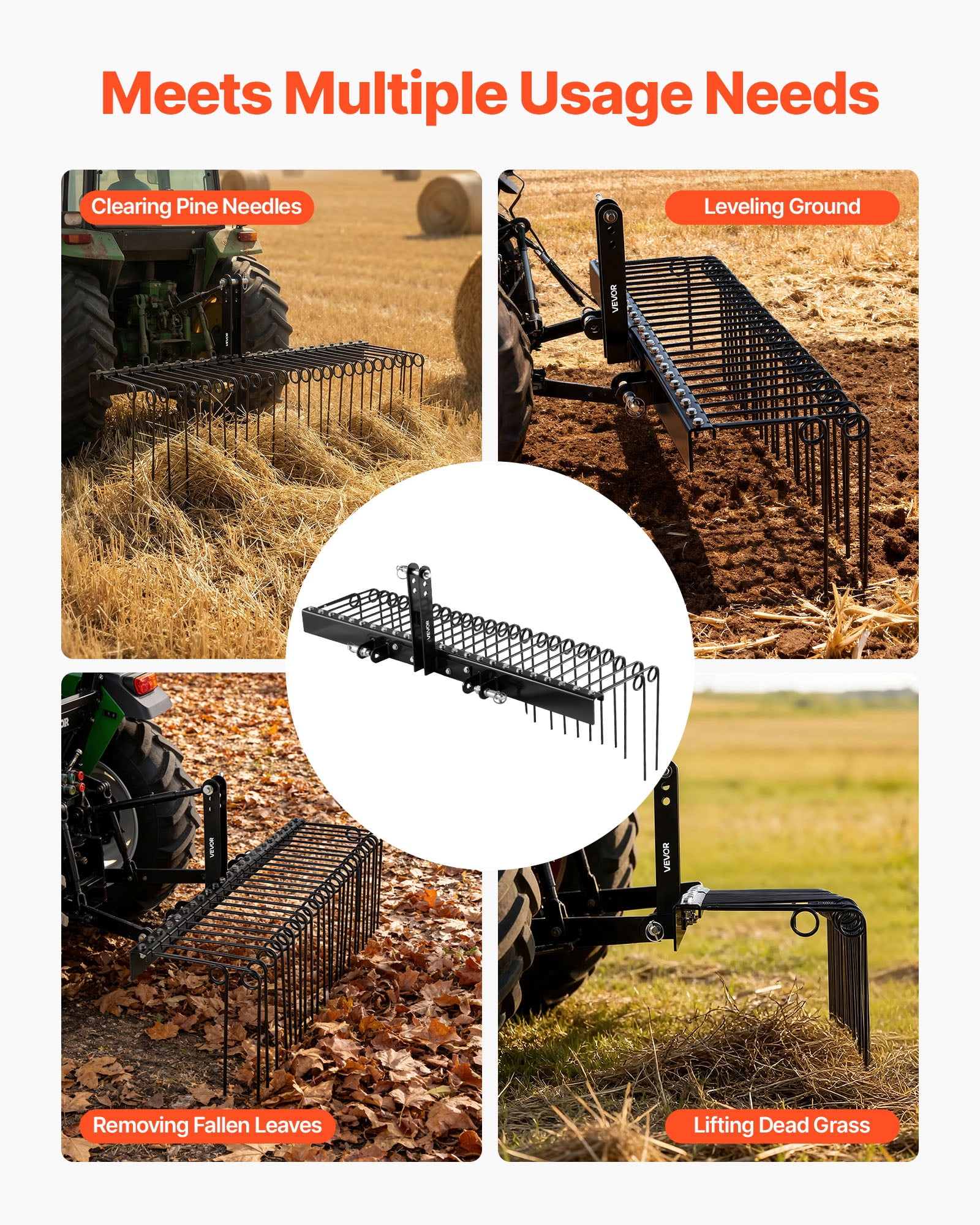VEVOR 60 in Tow Behind Landscape Rake, 3 Point Hitch Lawn Dethatcher Rake,26 Spring Steel Tines, for Category 1 Tractors, Heavy Duty & Rust-Resistant Rakes Tractor Attachments for Leaves Pine Needles