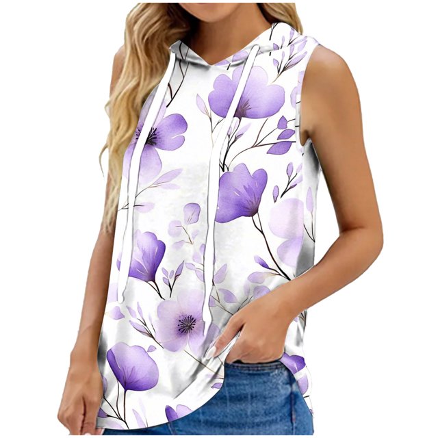 Tops de Ajuste Suelto para las Mujeres con Capucha Impresa Floral sin Mangas, Ligero Poliéster Casual Y Uso Diario