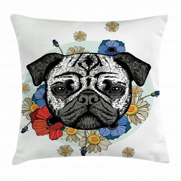 Pug Throw Pillow Cushion Cover, Head of a Dog Surrounded by Lively Spring Flowers Daisies and