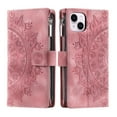 thumbnail image 3 of Elehold Crossbody Mandala Embossed wallet Case for iPhone 14 Plus 6.7 inch,Premium vegan leather and inner soft slim TPU with Detachable Shoulder Strap Magnetic Flip Card Slots Wallet Case,Pink, 3 of 10