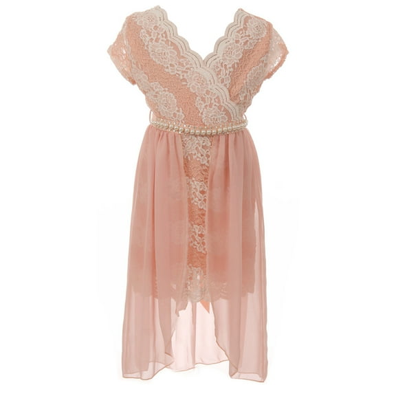 Big Girls Elegant V Neck Glitter Floral Lace Birthday Holiday Flower Girl Dress Pink 14 (2J1K4S3)