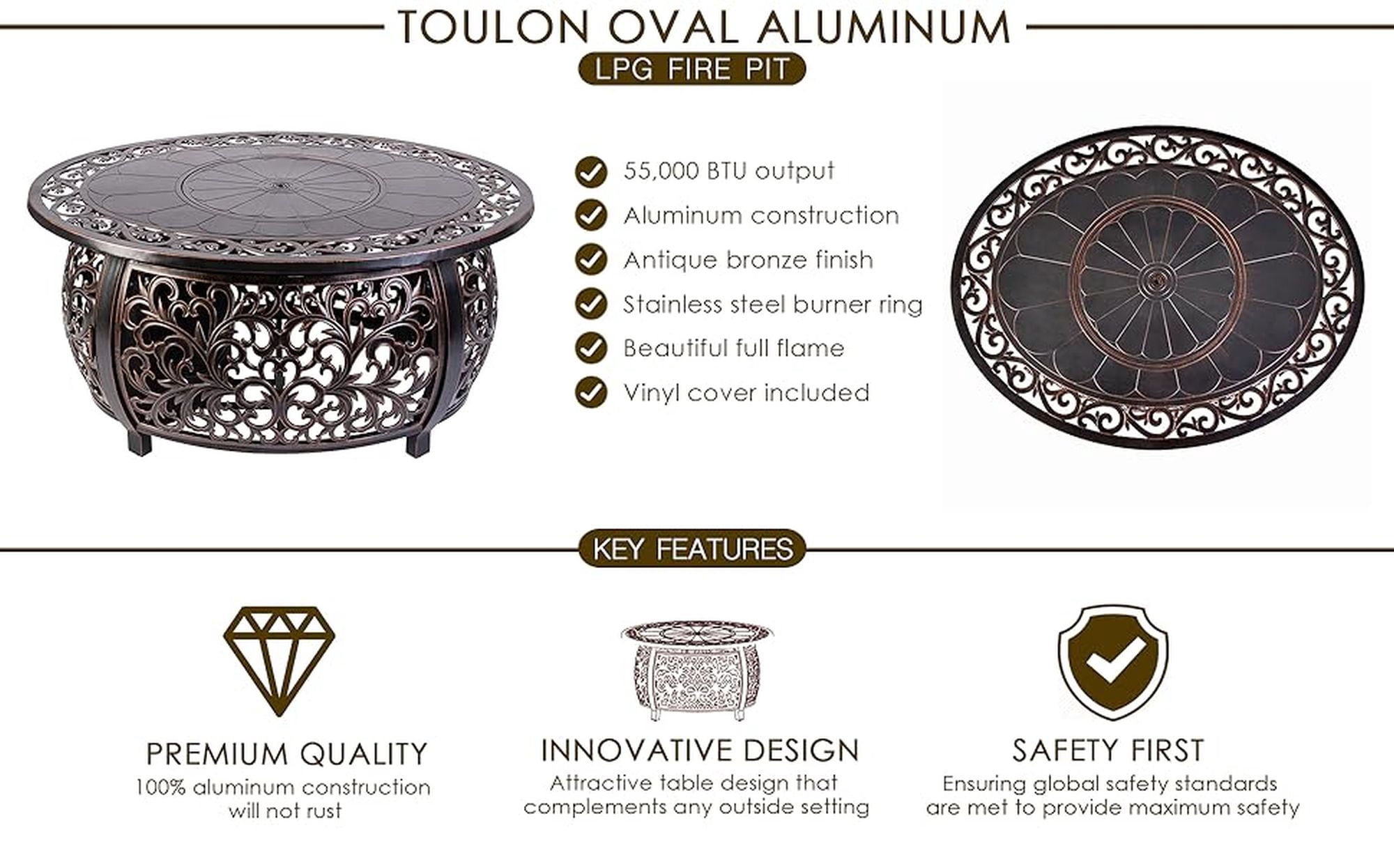 Fire Sense Aluminum Gas Fire Pit Table Outdoor Multifunctional with Fire Bowl Lid, Brown 48"