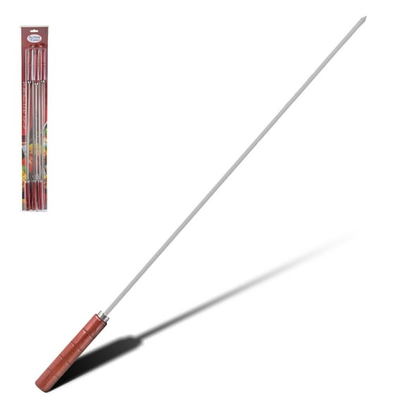 Alpine Cuisine Stainless Steel Barbecue Skewers 6pc Set with Comfortable Grip Nonslip Wooden Handle - Flat Skewer Heavy Duty Reusable & Rust Resistant - Chicken & Beef Skewers - Easy to Clean