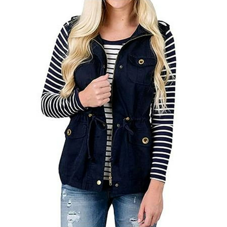 Womens Cargo Utility Safari Vest W/Pockets Drawstring Tops Bomber Jacket Coat