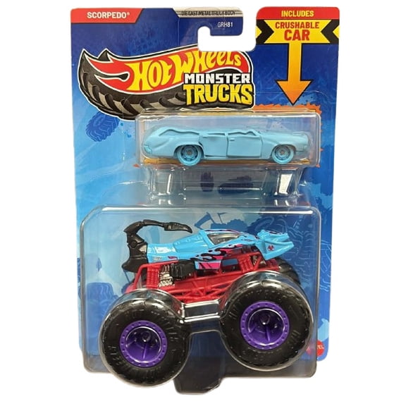 Mattel - Hot Wheels Monster Truck & Car - SCORPEDO & CRUSHED WAGON - FLAT IRON [JJT52]