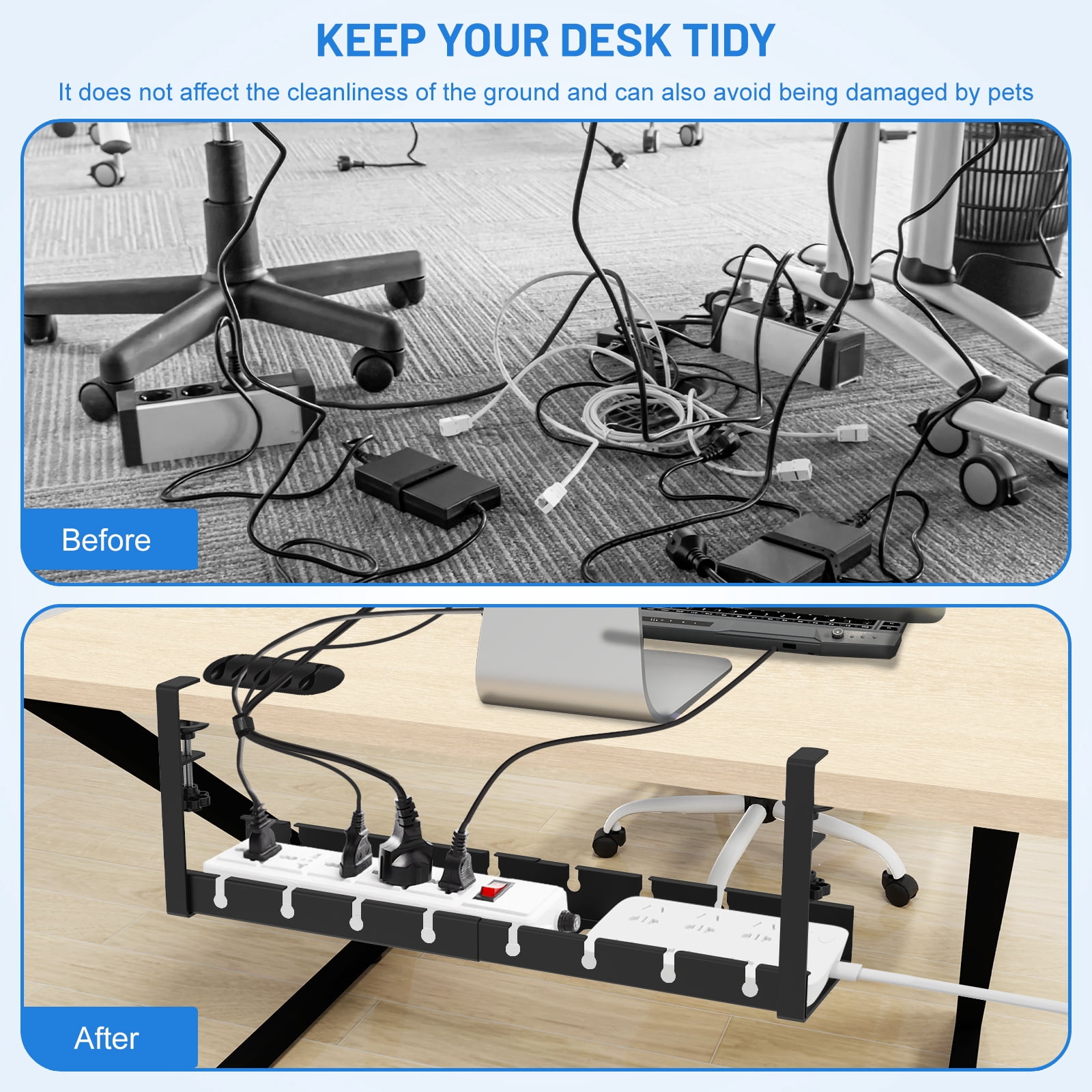 No Drilling Extendable Under Desk Cable Management, Metal Cable Management Tray Under Desk with Clamp, Retractable Power Strip Cord Holder for Wire Management from 11.8"-21.6 "
