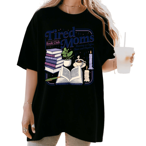 UNISHE Women's Tired Moms Book Club Coffee Candle Plant Stacked Book Frame Graphic Short Sleeve T-shirt Relaxed Fit