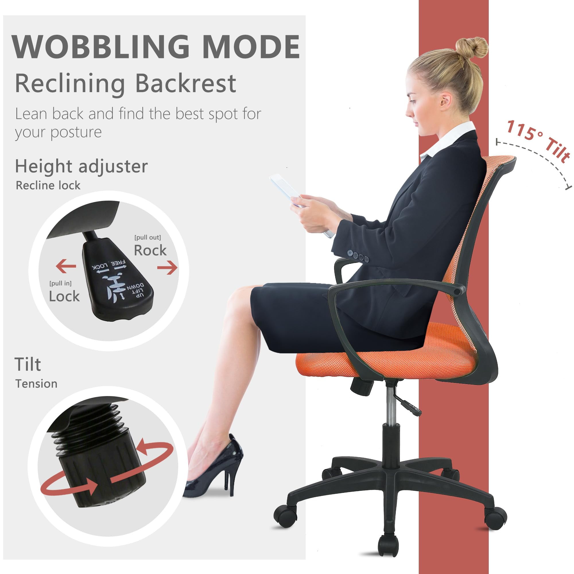 YRLLENSDAN Mesh Office Chair with Wheels Conference Room Chair Mesh Computer Chair for Adults 250lb Rolling Desk Chair with Arms Study Chair Adjustable Height,Orange