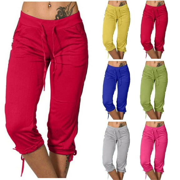 AGWOLF Womens Capris for Summer Lightweight Drawstring Yoga Pants with Pockets Mid Elastic Waisted Solid Color Workout Capri Pants Casual Knee Length Crop Trousers