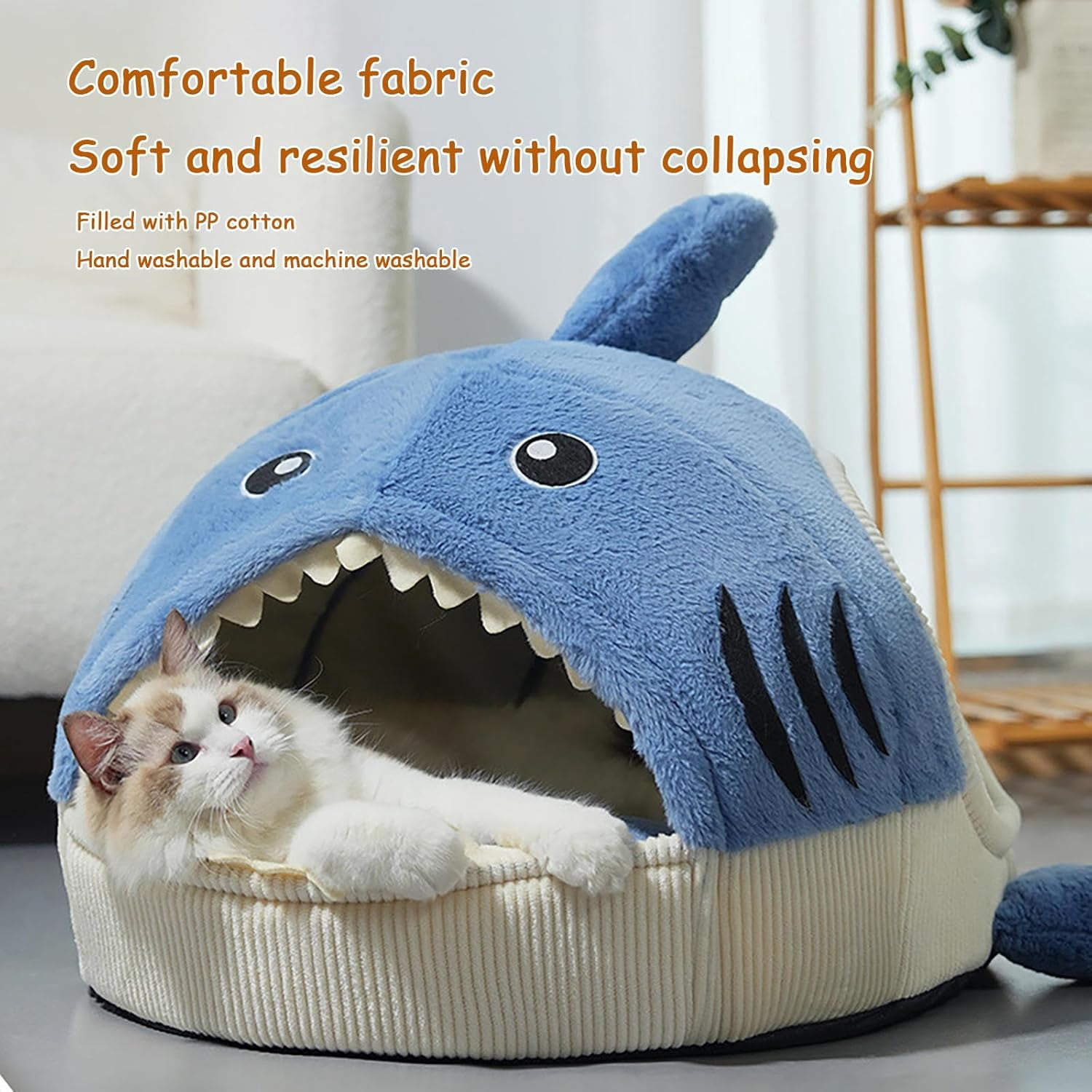 ShadeMart Winter Warm Cat Bed, Large Shark Plush Hideaway House with Removable Liner