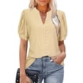 thumbnail image 2 of Blusa de manga abullonada con cuello en V, color puro hueco, ajustada, blusa casual de manga corta para mujer, amarillo, M, 2 of 5