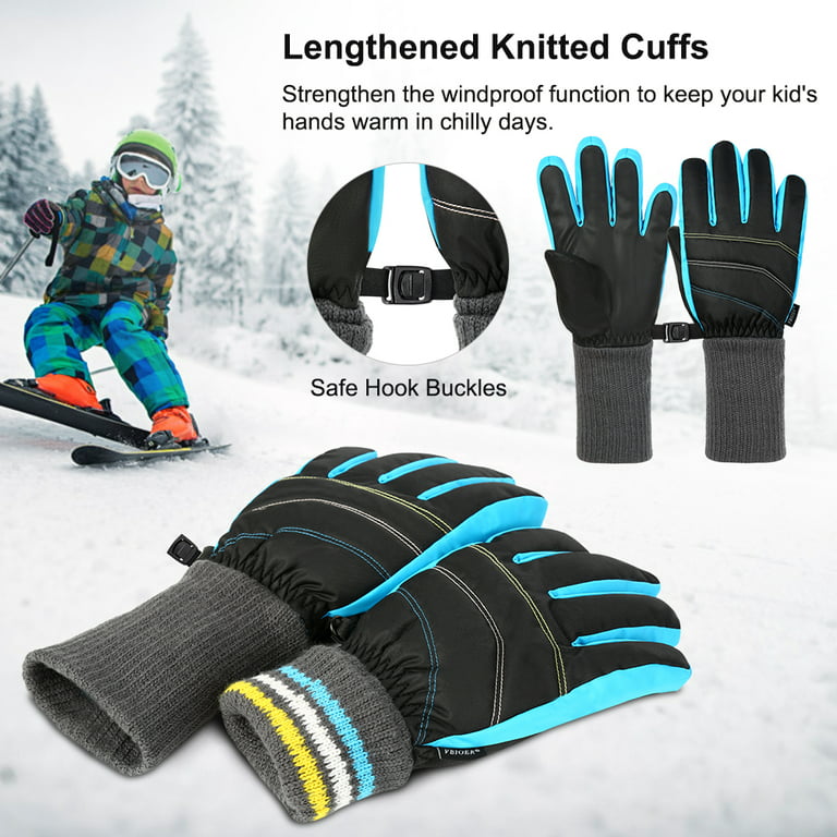 Vbiger Kids Winter Gloves, Thickened Ski Gloves, Tear-resistant Windproof Waterproof Outdoor Sports Gloves Anti-Slip Skating Gloves for 8-10 Years