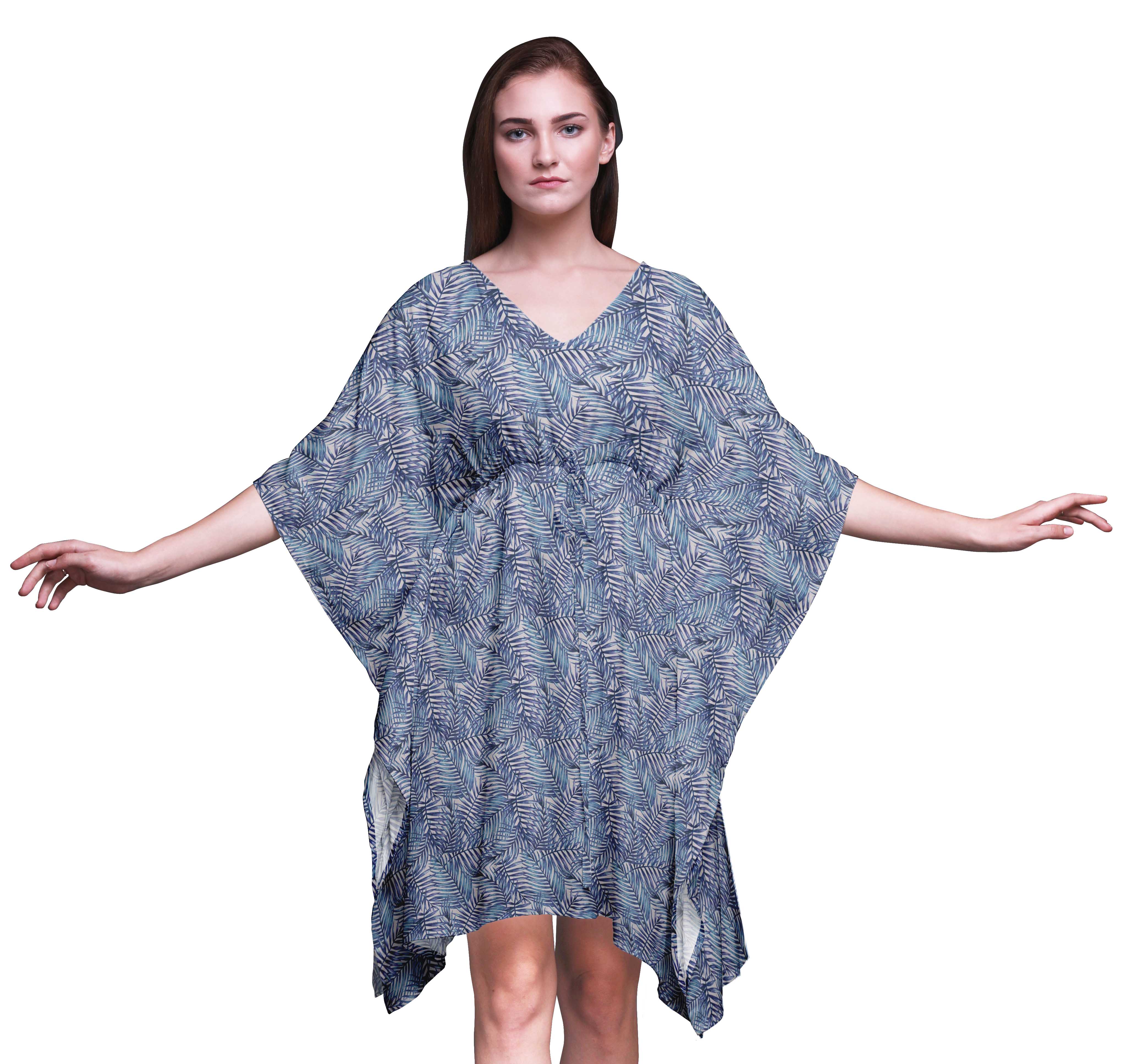Phagun Blue Peacock Print Kaftan Dress - Women's Midi Beach Cover Up With Kimono Sleeves - View #10