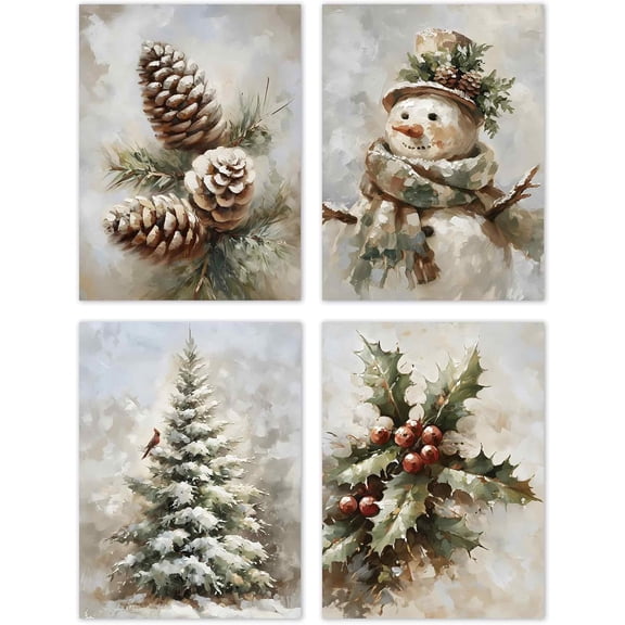 Hieng Vintage Winter Christmas Posters Prints Unframed Set of 4, Rustic Christmas Tree Wall Art Prints Decor for Living Room Bedroom Reading Nook Corner, Santa Claus Books Wall Pictures