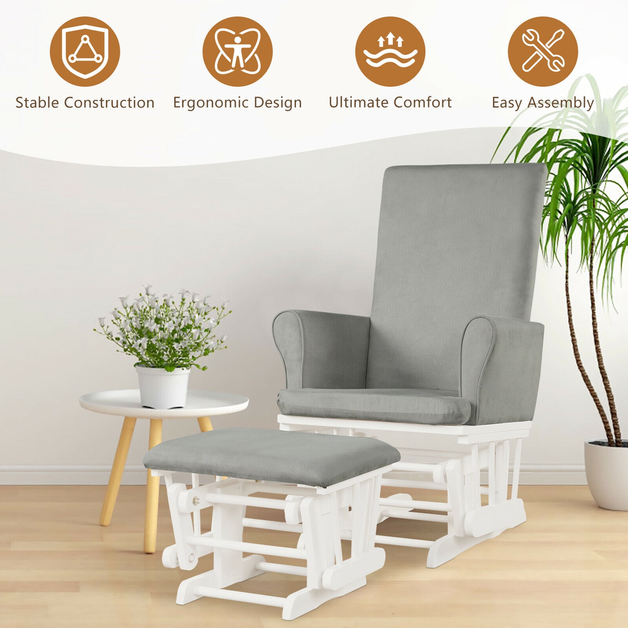 Gymax Glider and Ottoman Cushion Set Wooden Baby Nursery Rocking Chair Grey