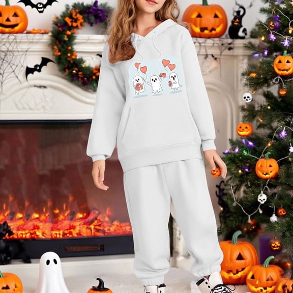 Placlothes Girls' Cute Cartoon Ghost Polyester 2-Piece Tracksuit Set - Hoodie & Jogger Pants, White, Sizes 100-160,Size 10 T