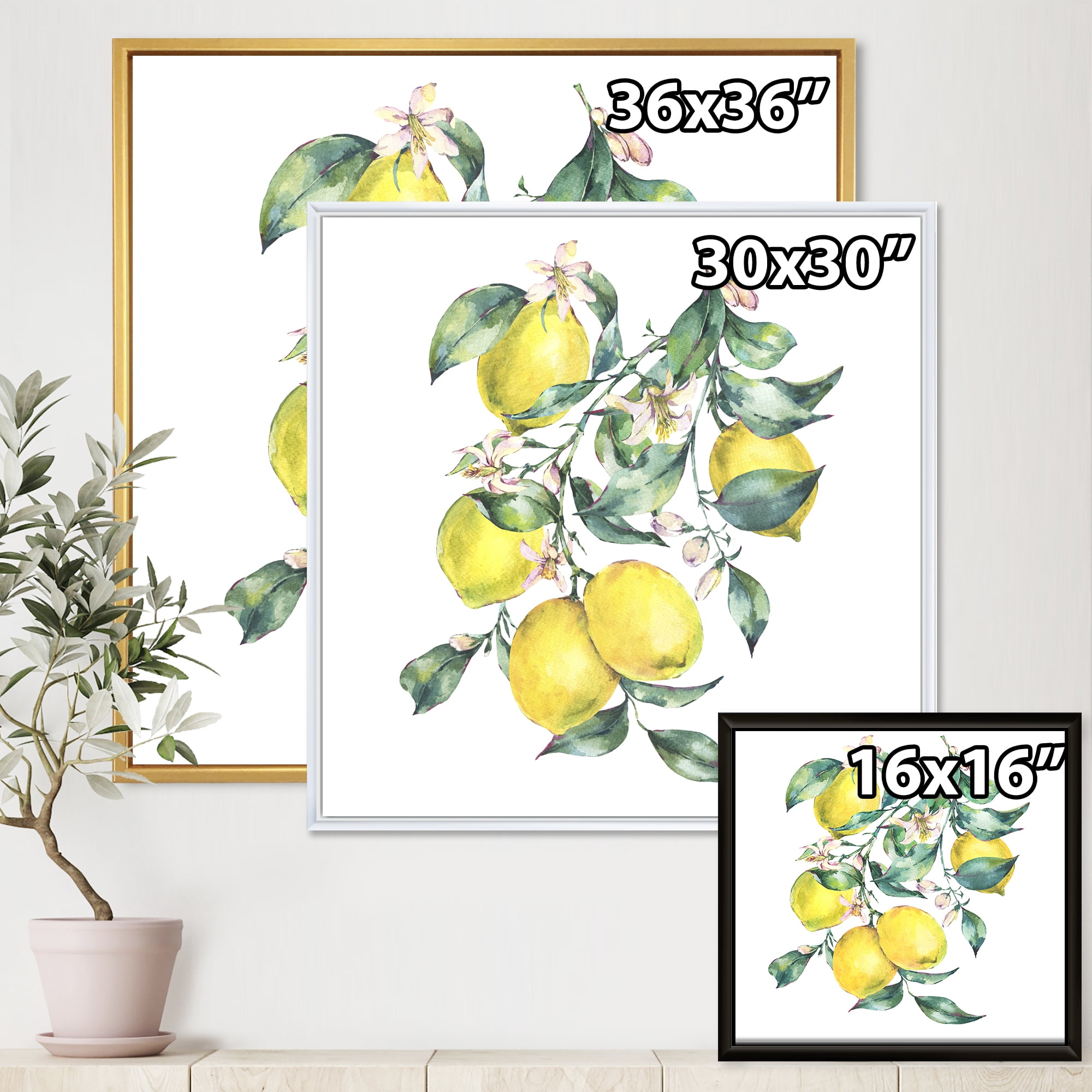 Designart 'Branch of Leaves and Yellow Lemons I' Tropical Framed Canvas Wall Art Print