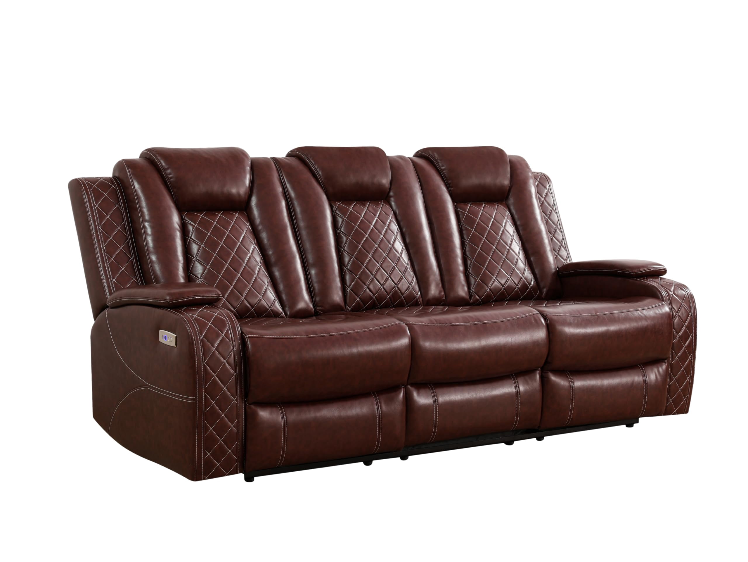 PonLiving Leather Power Recliner Sofa Set with LED Lights and USB Chargers - Burgundy Leather Living Room Furniture SOFA