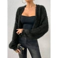 thumbnail image 5 of Women'S Cropped Loose Plush Long Sleeve Open Front Knitted Cardigan Black S, 5 of 7