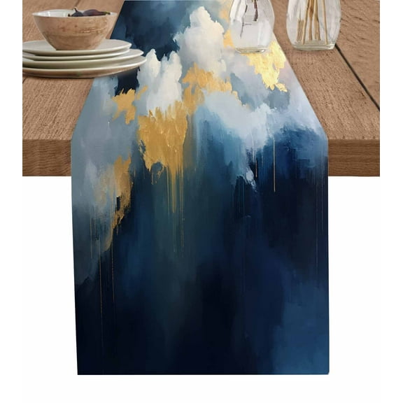 Abstract Blue Table Runner-Cotton Linen- 48 Inch Holiday Dresser Scarves, Modern Abstract White Gold Painting Art Tablerunner for Kitchen Coffee/Dining Bedroom Living Room Dinner Scarf Décor 13x48