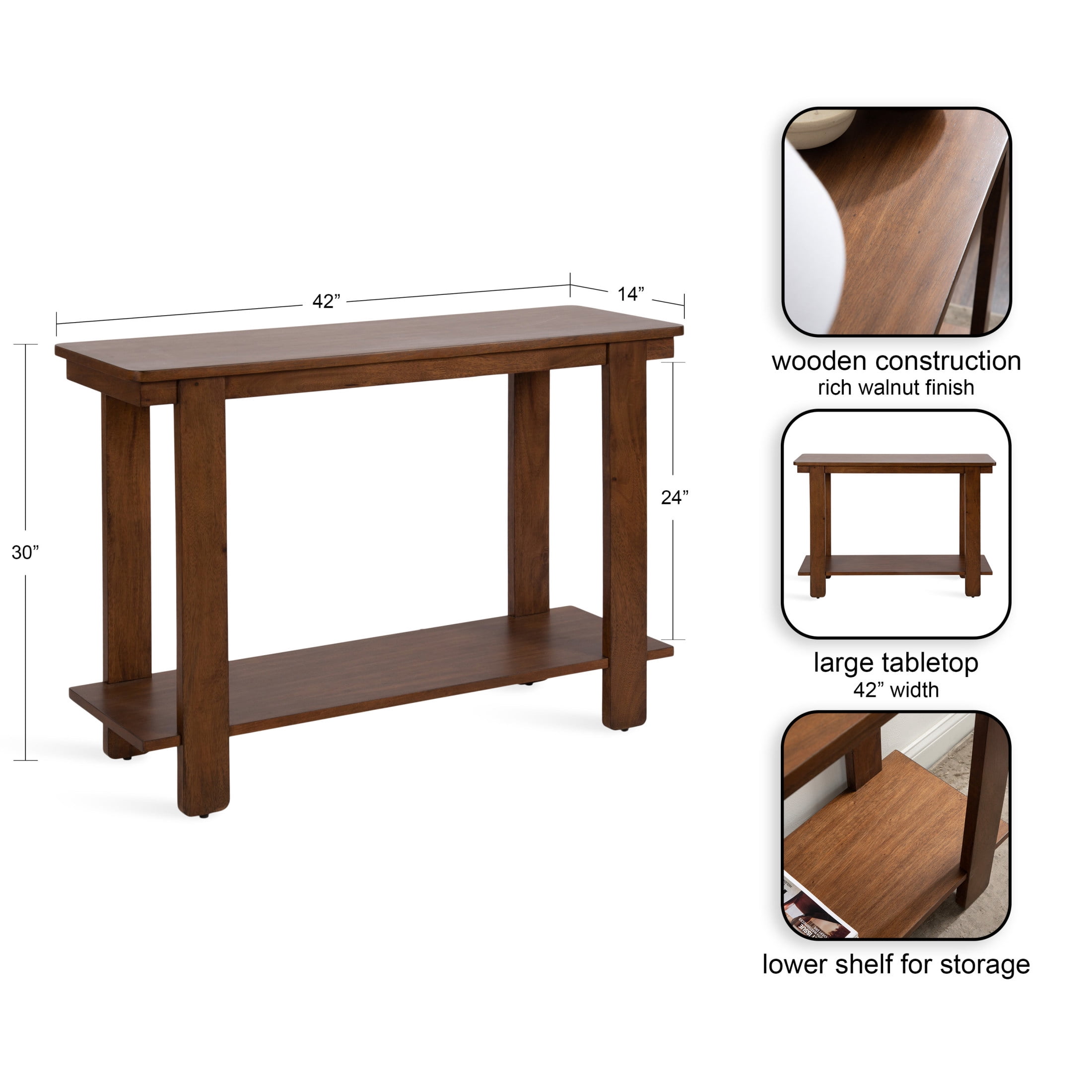 Kate and Laurel Foxford Tiered Rectangle Console Table, 42 x 14 x 30, Walnut Brown, Transitional Two-Tier Wood Entryway Table with Storage for Use as Living Room Behind Couch Table