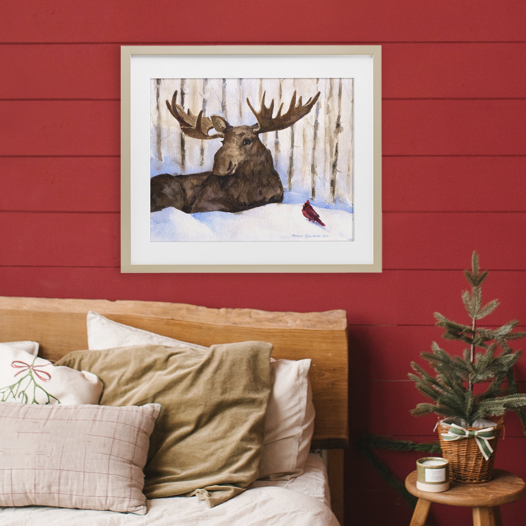 Stupell Industries Moose & Red Cardinal Birch Framed Print Under Glass, design by George Dyachenko