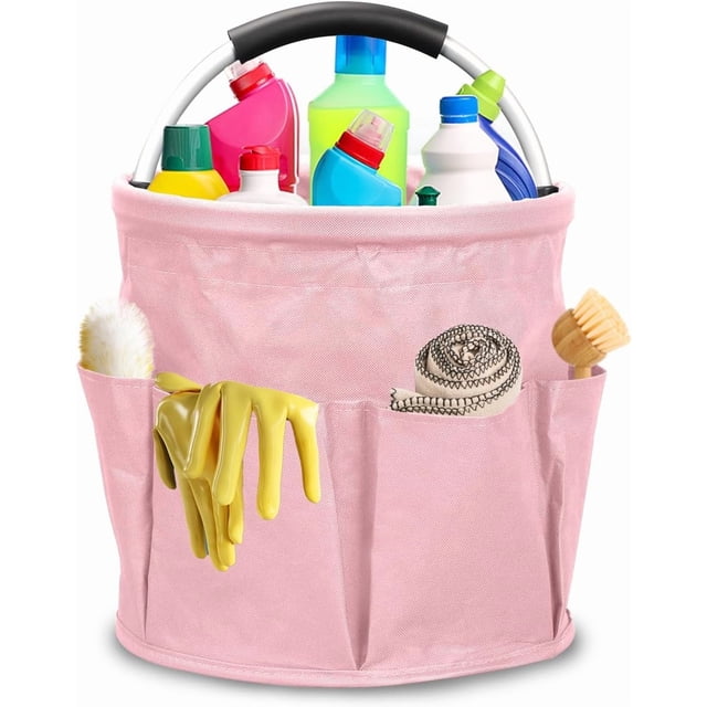 Cleaning Cart with Handle, Cleaning Supply Organizer, Portable Cleaning Bucket Organizer, Pink