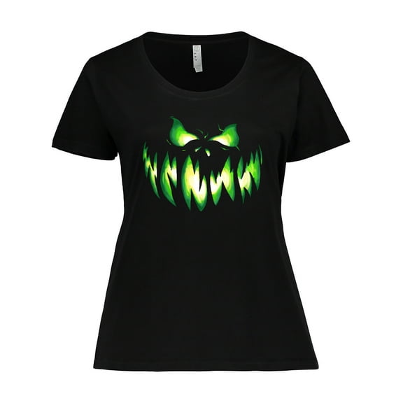 Inktastic Viciously Grinning Pumpkin Face in Lime Green Glow Women's Plus Size T-Shirt