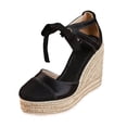 thumbnail image 4 of Rokment Women's Vintage Espadrilles Platform Wedges Dress Sandals Retro Fashion Casual Linen Satin Patchwork Closed Toe Lace up Chunky Extra High Heels Dressy Shoes Spring Summer Black Size 6, 4 of 5