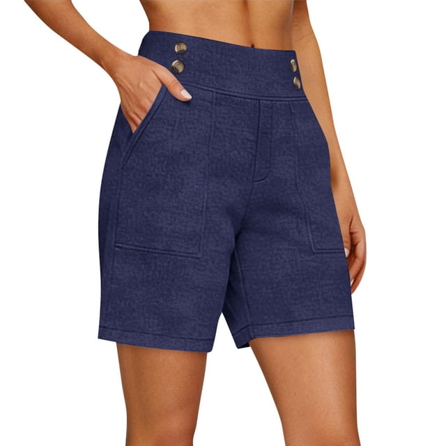 Timegard Summer Shorts for Women Pull on Button High Waist Straight Leg Lightweight Casual Work Shorts with Pockets