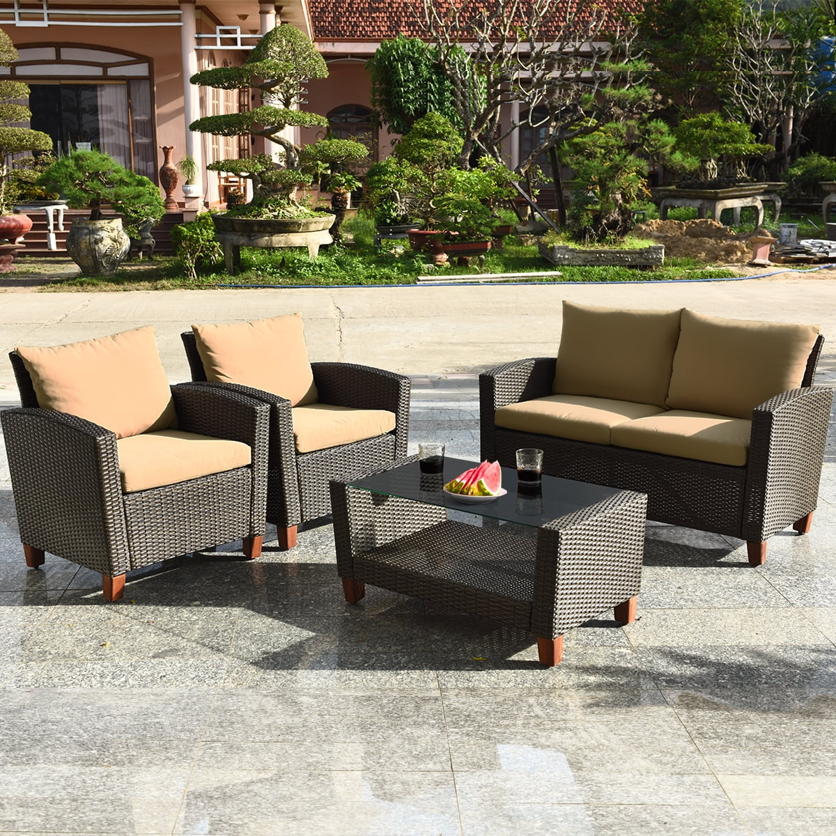 Costway 4PCS Patio Rattan Furniture Set Solid Wood Leg Cushioned Sofa Garden Lawn
