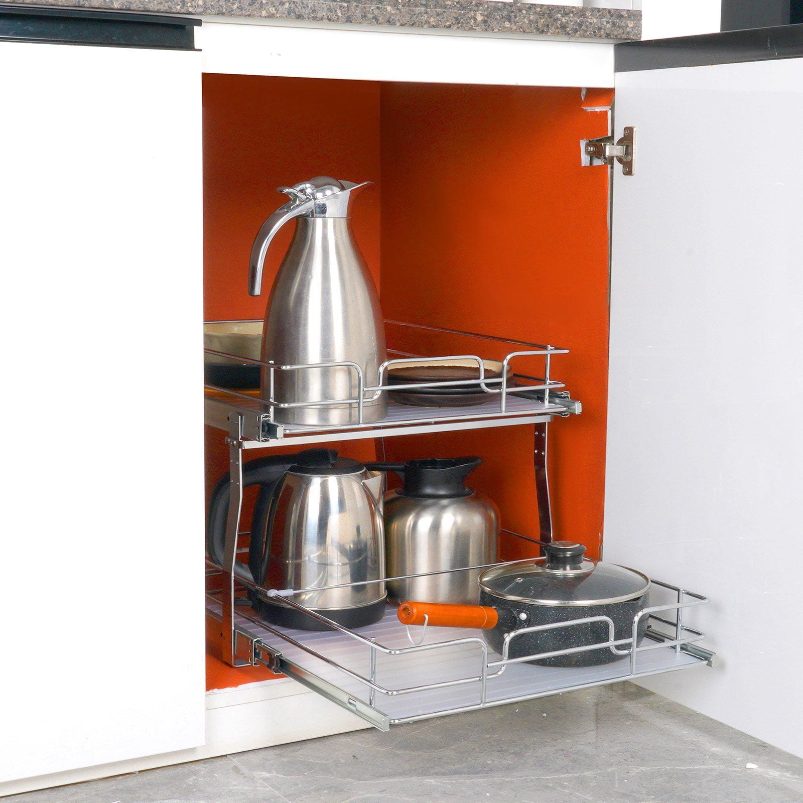 2 Tier Slide Out Pantry Shelves, 20 Inches Wide x 21 Inches Deep Pull Out Cabinet Organizer, Chrome Steel Roll Out Drawers for Kitchen & Bathroom