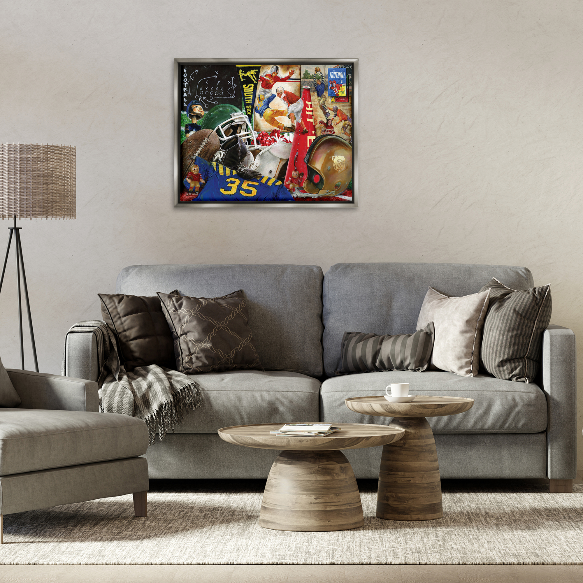 Stupell Industries Football Sports Collage Sports Painting Gray Floater Framed Art Print Wall Art, 31 x 25