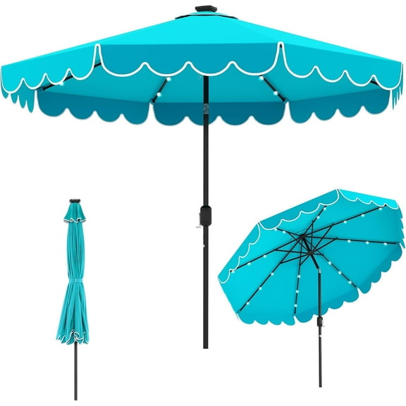 YEXJ 10FT Solar LED Patio Umbrella, 2-Tiers Scalloped Outdoor Table Market Umbrella with 24 LED Lights, Vented Top, Tilt Adjustment, Crank, 8 Ribs for Backyard Poolside Deck Beach Lawn (Turquoise)
