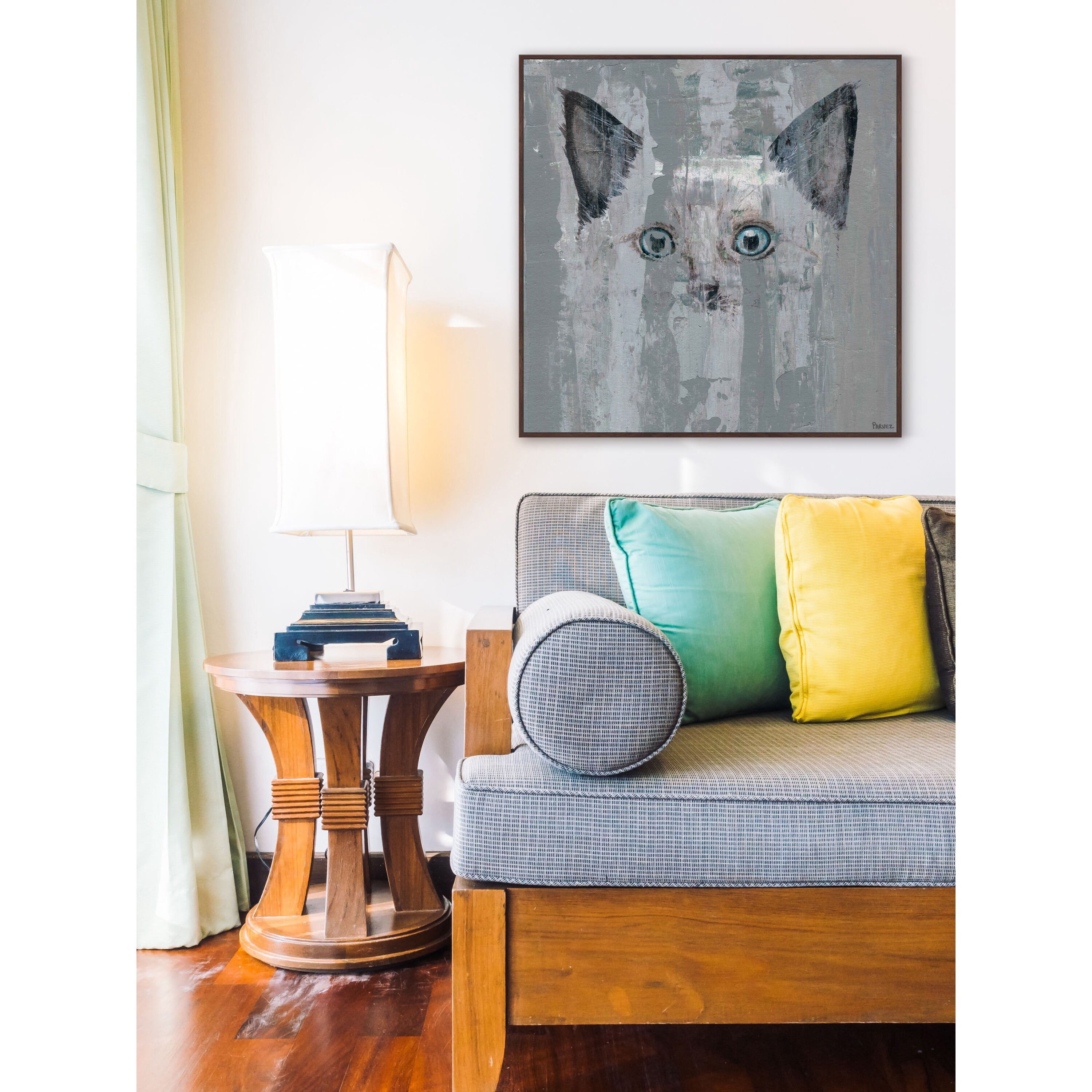 Blue-Eyed Cat Floater Framed Painting Print on Canvas