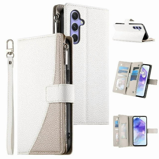 Funda cartera GANGXUN para Samsung Galaxy A55 , cuero PU con tarjetero, cremallera, correa de mano, soporte y protección 477°