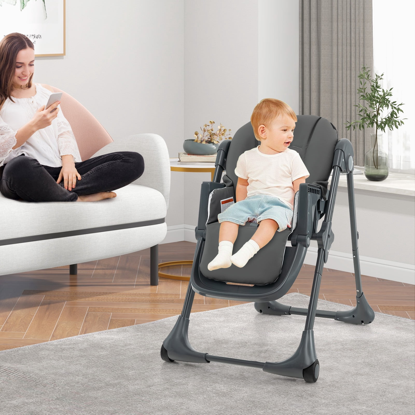 Infans Baby High Chair with 7 Height & 3 Footrest Adjustable Cup holder 2 Wheels