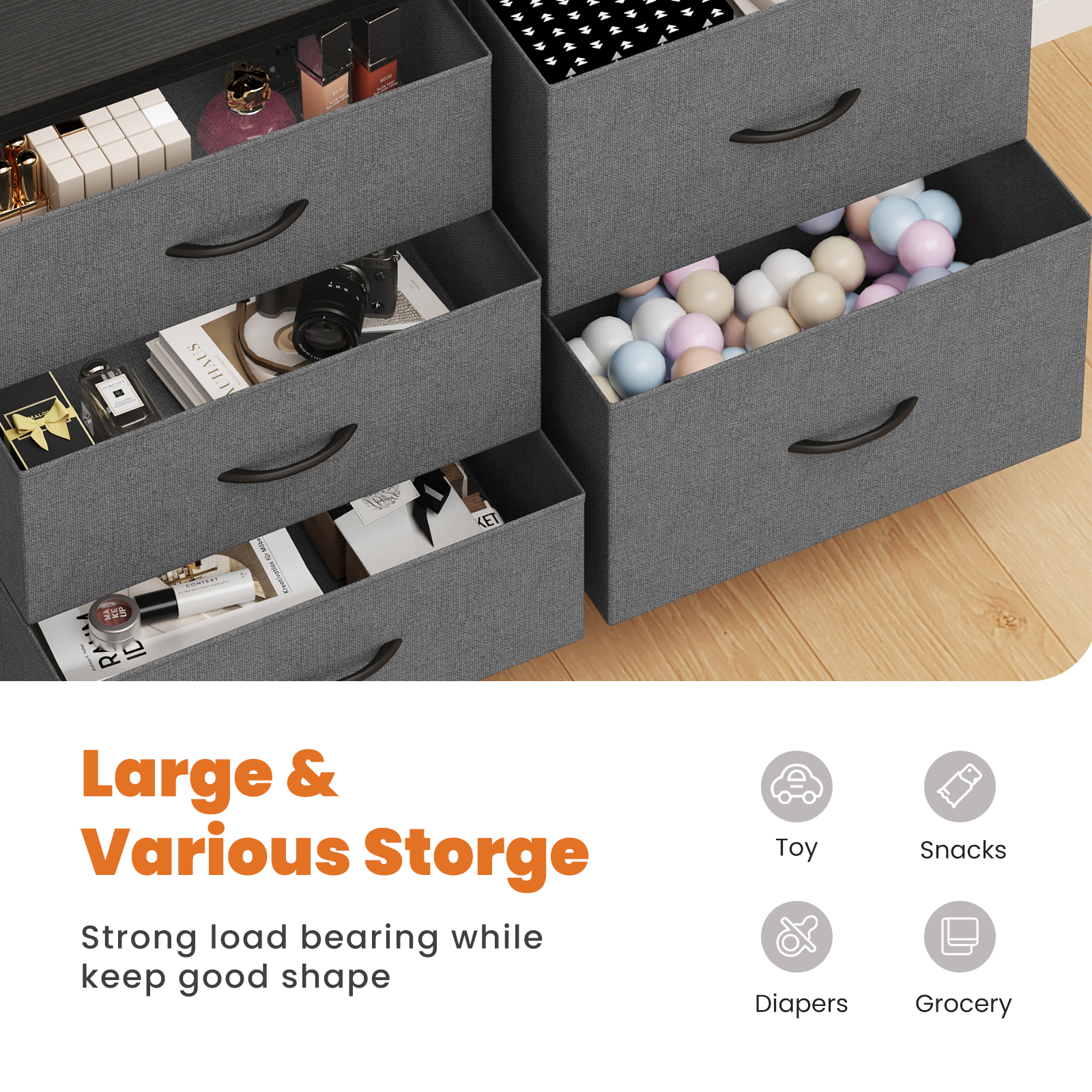 JIOABL 5-Drawer Dresser with Drawer Organizers for Bedroom, Living Room, or Closet, Gray