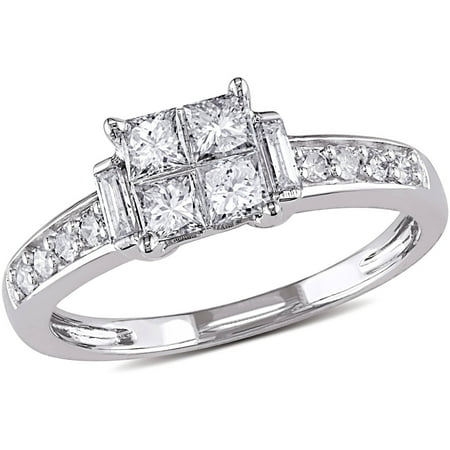 5/8 Carat T.W. Princess, Baguette and Round-Cut Diamond 14kt White Gold Engagement Ring