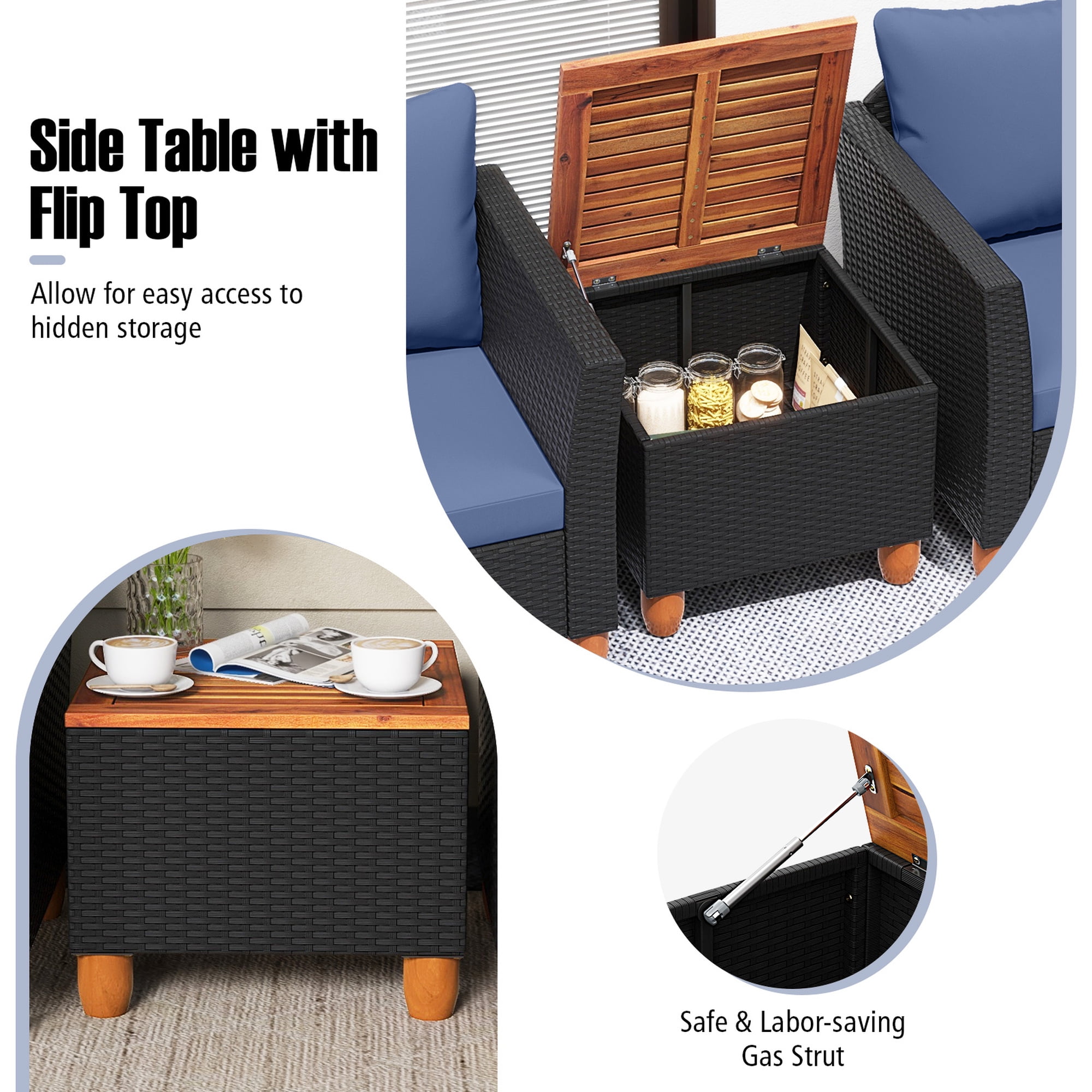 Costway 3PCS Outdoor Patio Rattan Furniture Set Wooden Table Top Cushioned Sofa Navy