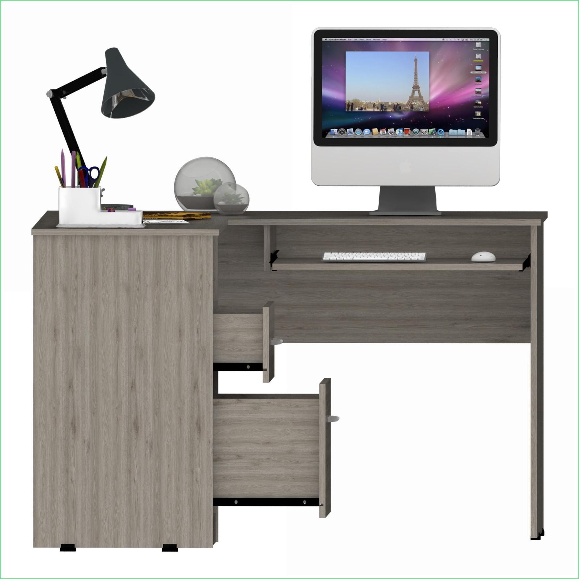 Desks | Modern L-Shaped Corner Desk with 2 Drawers, Shelf, CPU Storage & Keyboard Tray | Light Gray | Particle Board