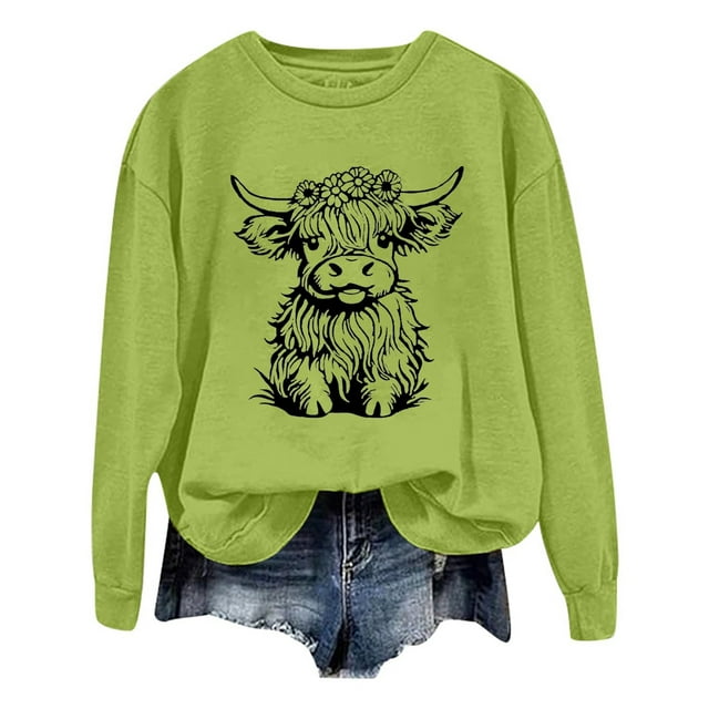 WEAIXIMIUNG Chandails en Molleton pour Femmes Tendance Fermeture à Glissière Automne et Hiver 2024 Col Rond Mode Imprimé Vache Manches Longues Mode Décontractée Top Sortie