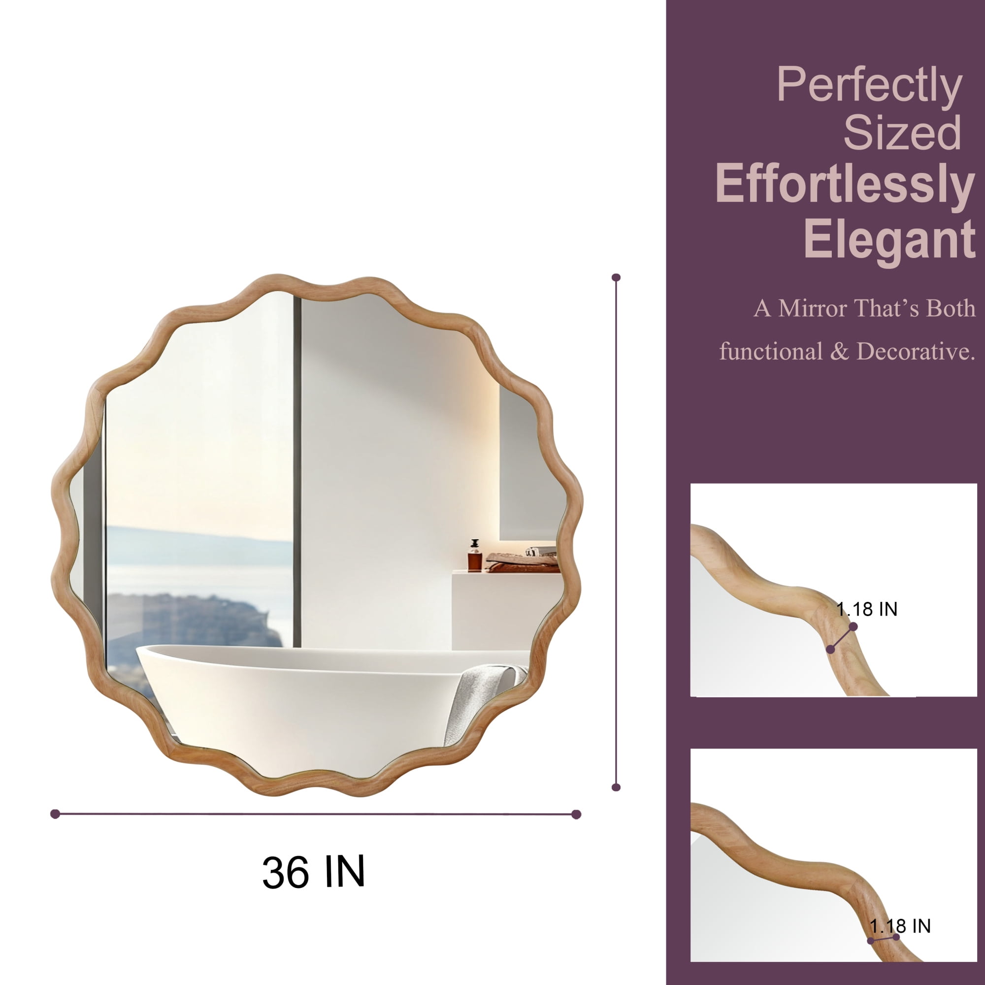 Leumius 36" Wavy Round Mirror, Solid Wood Frame Decorative Mirror for Bedroom Bathroom Living Room Entryway Natural