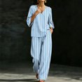 thumbnail image 6 of Womens Stripe Casual Two Piece Outfit V-Neck 3/4 Bell Sleeve Top Elastic Waist Wide Leg Pants with Pockets Loungewear Set Light Blue M(M), 6 of 7