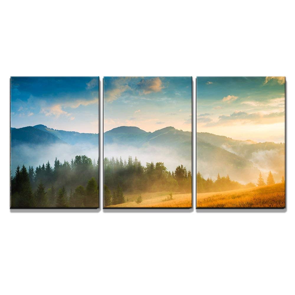 wall26 3 Piece Canvas Wall Art Amazing Mountain Landscape with Fog