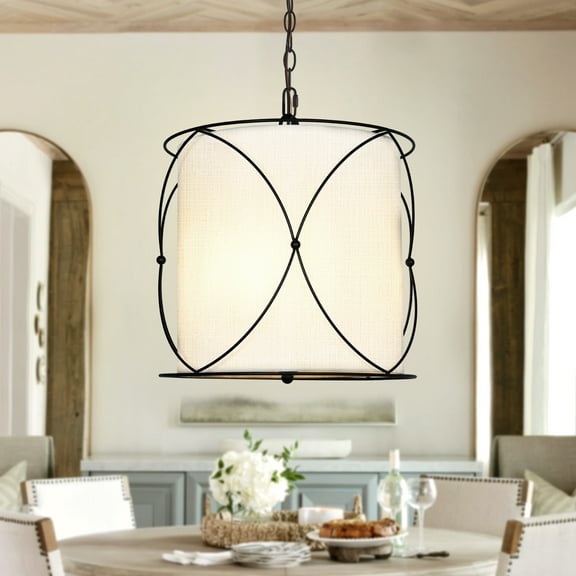 Uznhty Drum Chandelier Pendant Lights Kitchen Island with Fabric Shade Balck Cage Pendant Light for Dining Room Hallway Adjustable Chain 12inch 3 Light