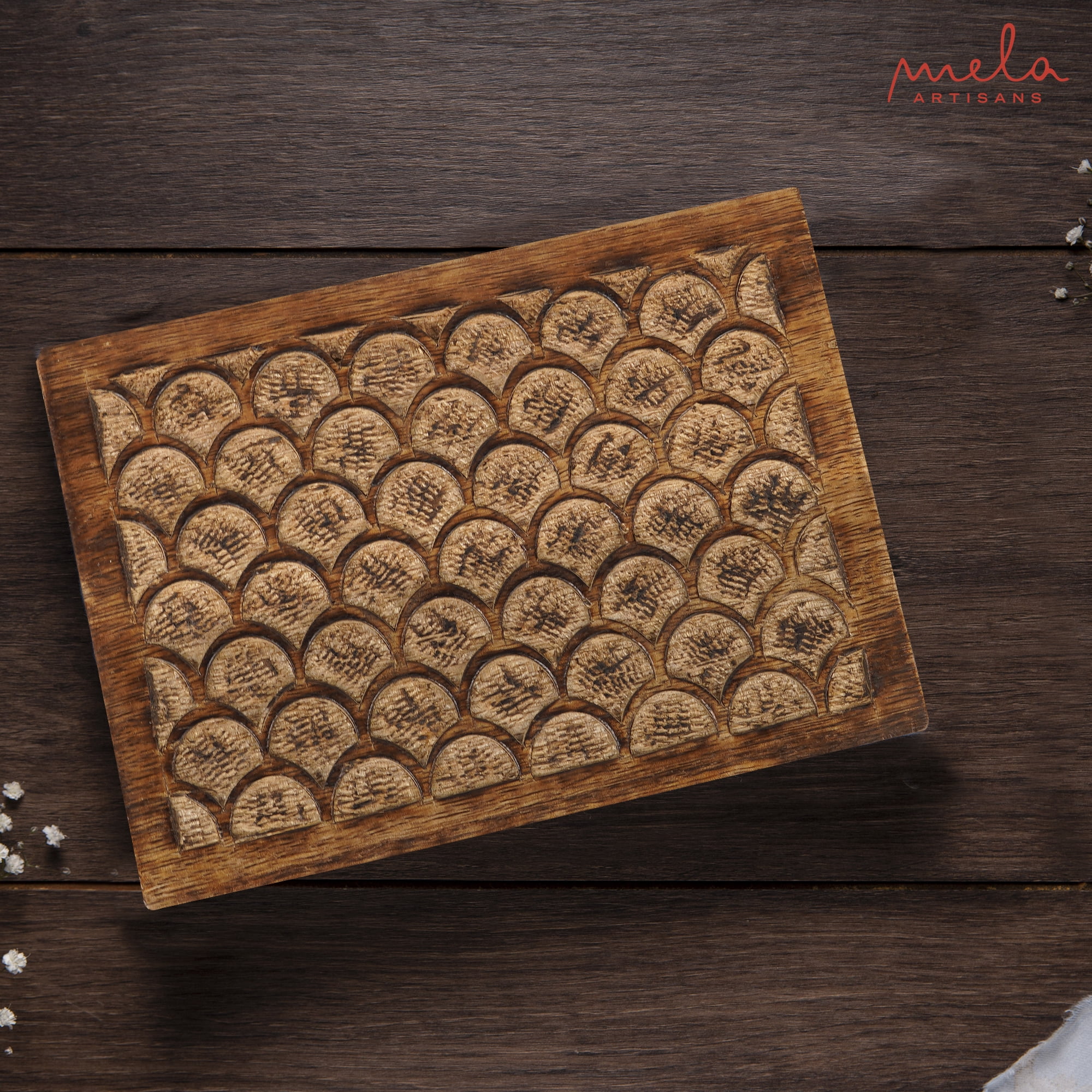 Carved Scallop Mango Wood Box with Lid, Medium Burnt Large Wooden Box, Handmade Decorative Box with Lid for Use As Memory Box, Keepsake Box, Photo Storage Box, and more, 9” x 6” x 3.5”