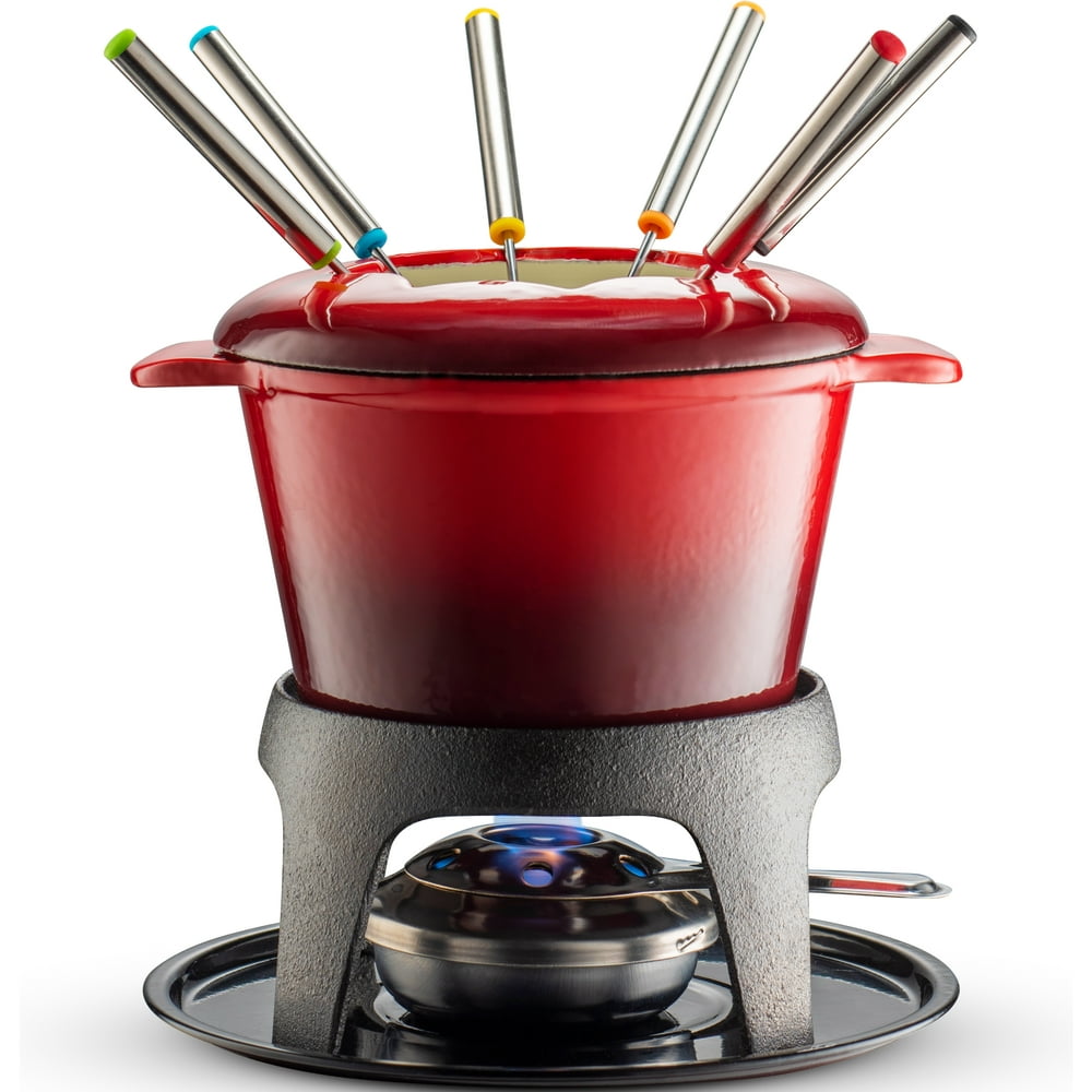 Klee 12Piece Cast Iron Fondue Set with Red Fondue Pot, 6 Fondue Forks