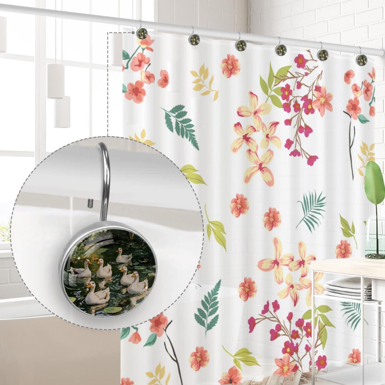 White Ducks Swim on Pond Shower Curtain Hooks Round Crystal Glass, Set of 12 Shower Curtain Rings - Shower Hooks for Curtain Shower Rings