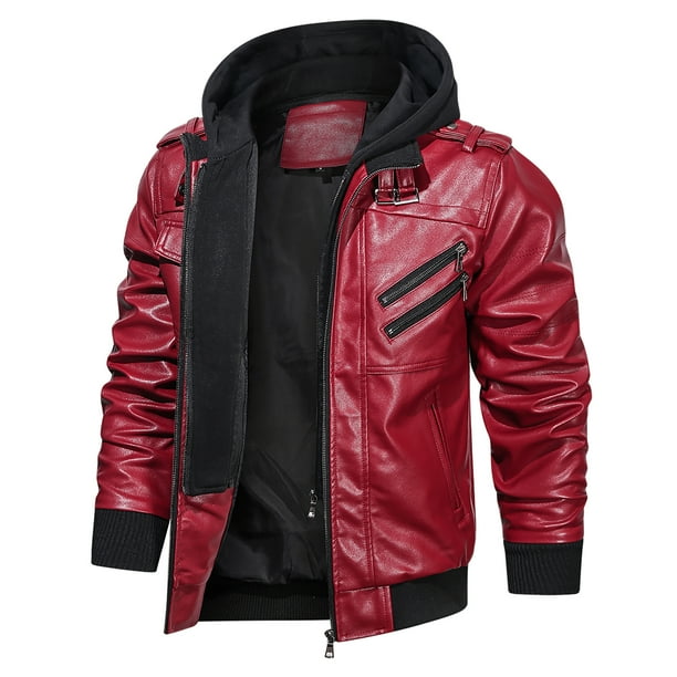 Hood Crew Men's Pu Faux Leather Jacket with Removable Hood Red 3XL